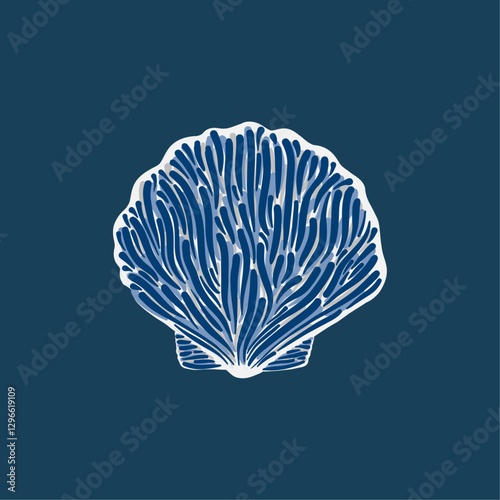Stylized white shell illustration on dark blue background, marine-inspired composition