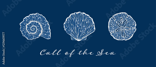 Stylized white shell illustrations on dark blue background with Call of the Sea quote