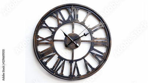 A decorative metal wall clock with Roman numerals and an antique finish, isolated on a clean white background. The high-definition shot captures the intricate hands and weathered patina.