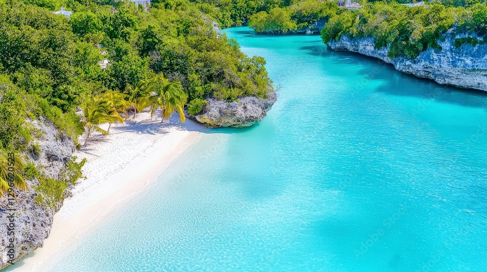 Serene Tropical Beach with Clear Water and Lush Greenery in a Scenic Environment Serene Tropical Beach with Clear Water and Lush Greenery in a Scenic Environment