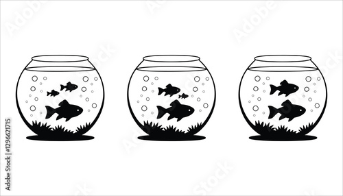 Fishbowl Silhouette Vector – Black and White Illustration of Aquarium, Goldfish, and Bubbles for Pet and Marine Designs