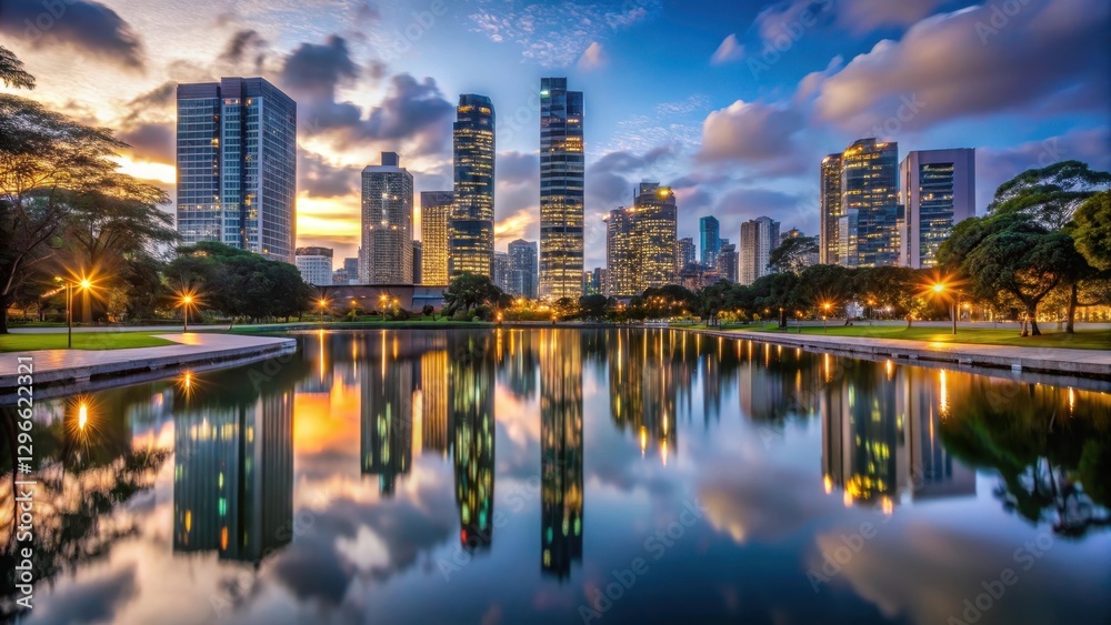 Fototapeta premium Darkened concrete jungle with modern skyscrapers reflected in calm waters of Maurice A Ferre Park at dusk, reflection, evening scene