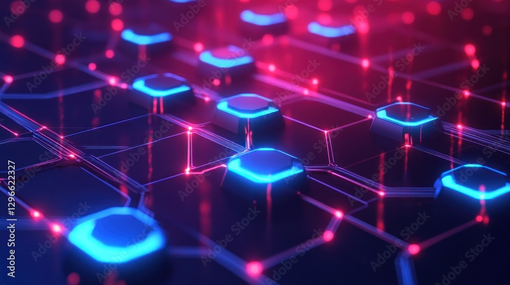 Neon Hexagon Network Glowing Circuit Board Neon Hexagon Network Glowing Circuit Board