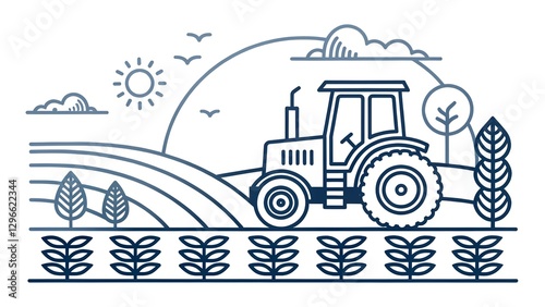 A minimalist line art illustration depicting a tractor in a rural farming landscape.