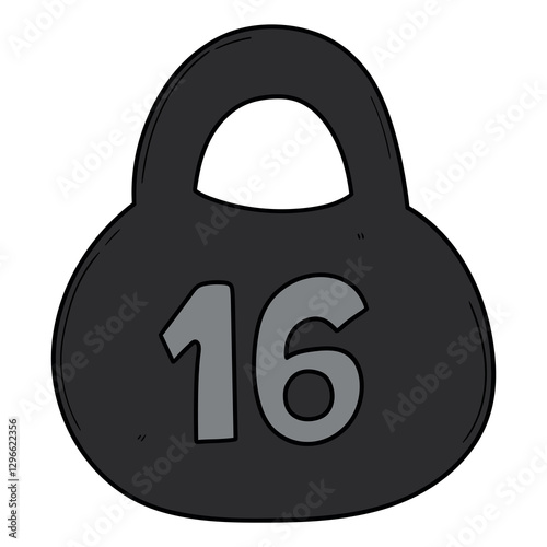 Hand drawn cartoon kettlebell 16 kilograms on white background.