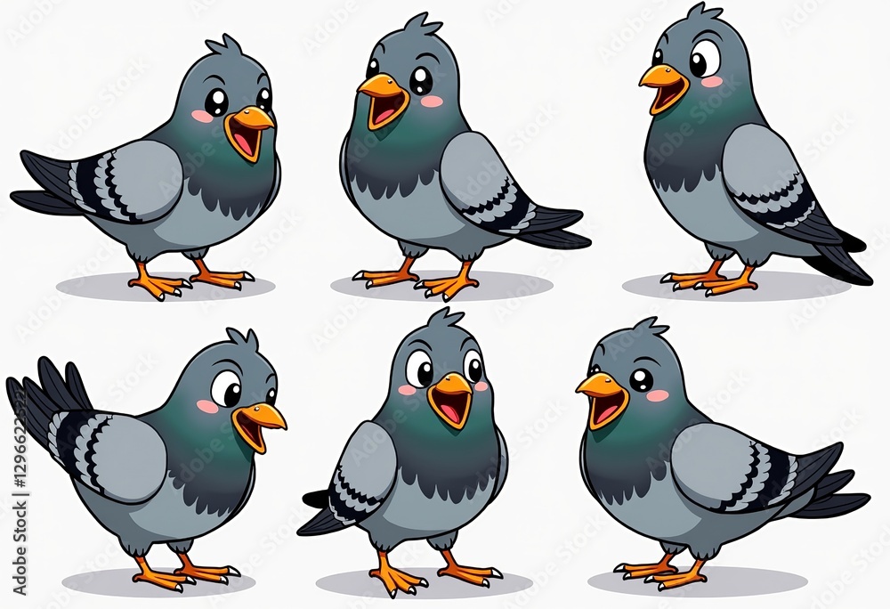 Obraz premium Gray Pigeon Emotions Vector Art: A Collection of Cute Pigeon Illustrations Featuring Happy, Sad, Angry, and Other Expressions, Rendered with Bold Comic Lines and Simple Strokes on White.