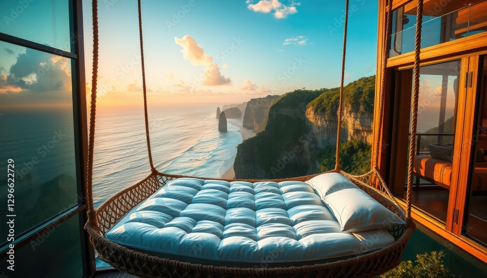 Fototapeta premium Suspended Cliffside Bed with Panoramic Glass Walls