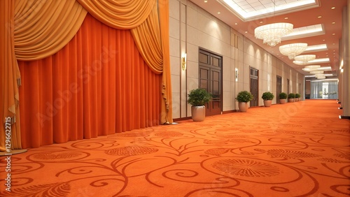 A spacious hallway or corridor, possibly in a hotel, resort, or conference center, with an orange patterned carpet and elegant curtains.
