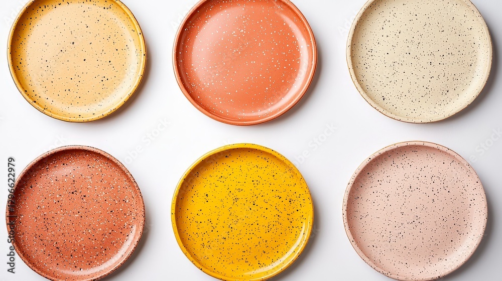 Vibrant Speckled Plates in Vivid Shades of Red, Yellow, and Cream Arranged in a Stylish Display on White Background Vibrant Speckled Plates in Vivid Shades of Red, Yellow, and Cream Arranged in a Stylish Display on White Background