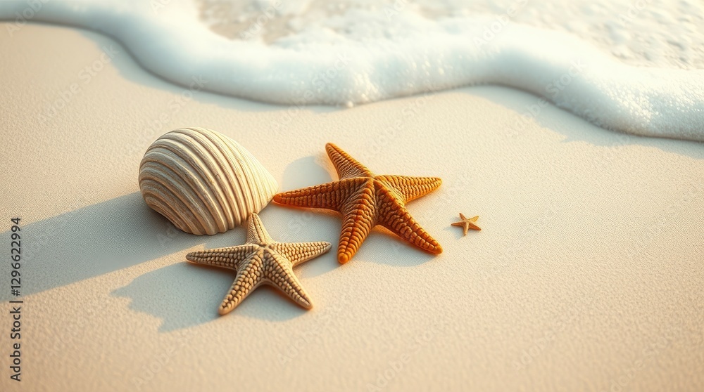 Art photograph ocean waves sand beach, seashells and starfish Art photograph ocean waves sand beach, seashells and starfish