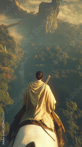 Warrior Rides Horse Across Misty Valley, Ancient Ruins in Distance, Breathtaking View
