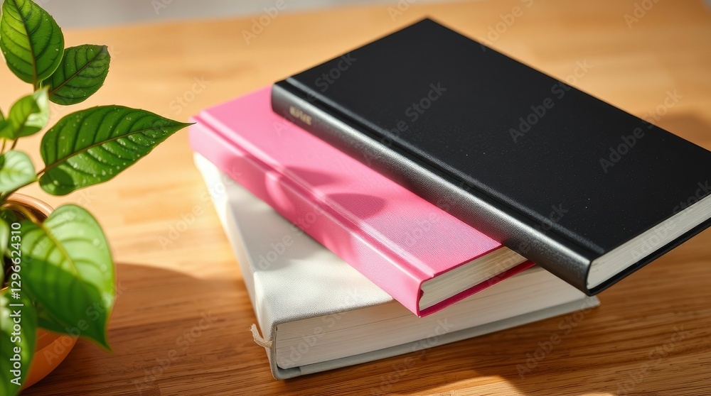 Fototapeta premium Art photograph of a book on a table, leaves in a vase plant 