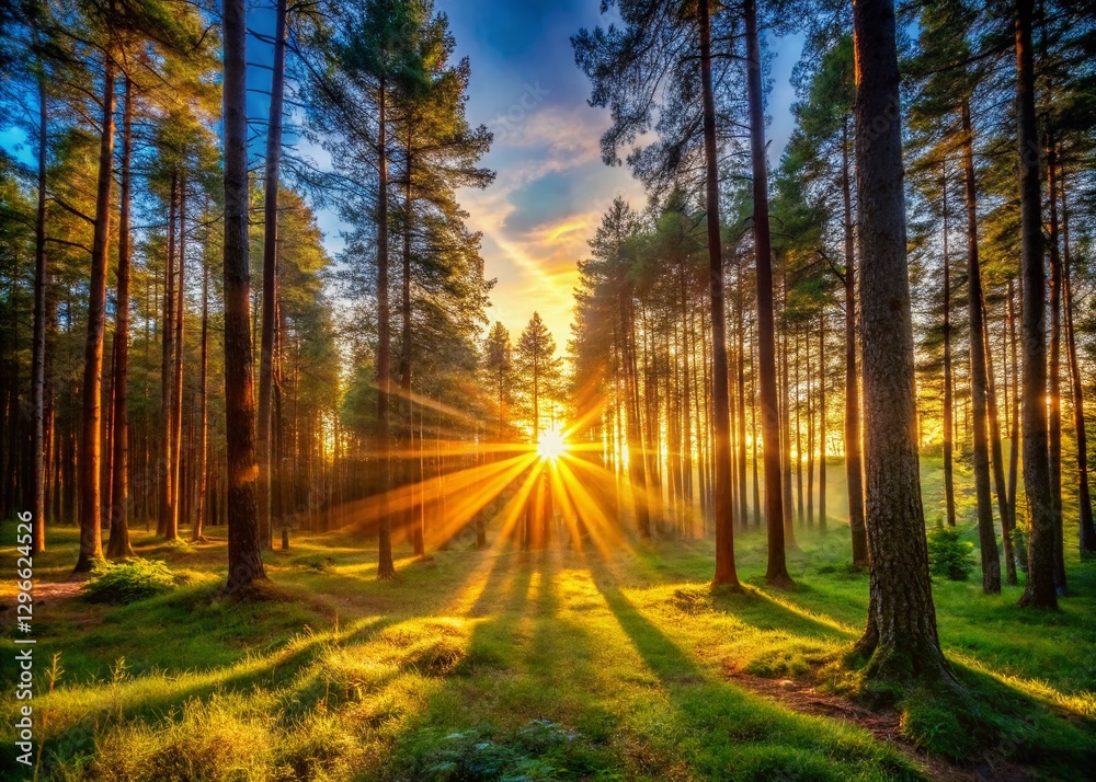 Fototapeta premium Majestic Sunset Rays Illuminating Forest Path - Golden Hour Nature Photography