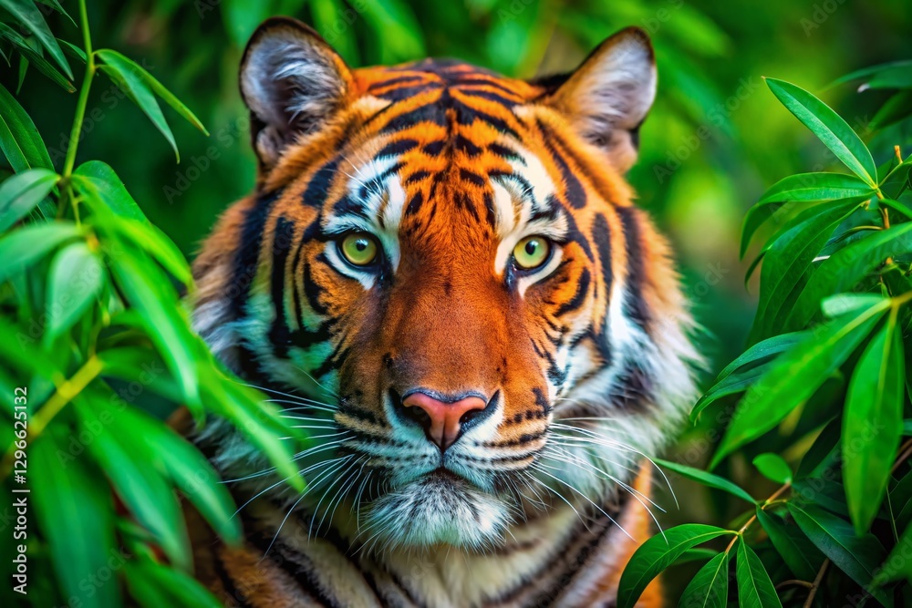 Fototapeta premium Majestic Tiger Close-Up: Piercing Green Eyes & Striking Stripes in Lush Foliage - Long Exposure Stock Photo