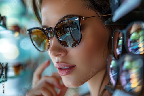 A stylish woman trying on sunglasses in a vibrant store setting.
