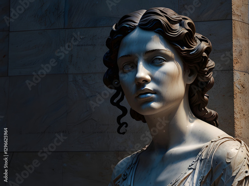 A majestic marble sculpture representing Hypatia. The figure has a thoughtful expression, with one hand resting on the chin. Detailed curly hair and a sculpted beard give a sense of wisdom.