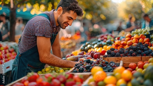 Young man arranging fresh fruits at vibrant outdoor market