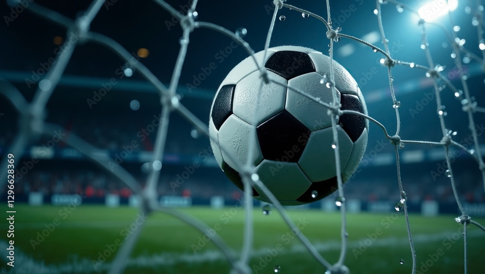 Fototapeta premium Soccer ball in the net, success goal concept on stadium light background