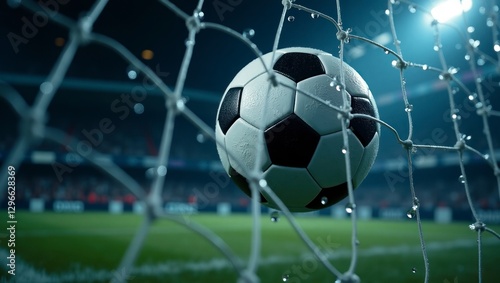 Soccer ball in the net, success goal concept on stadium light background