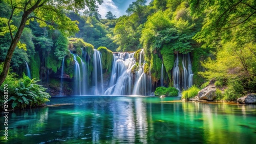 waterfall cascading into crystal clear lake surrounded by lush green trees with vibrant foliage, serene landscape, natural beauty