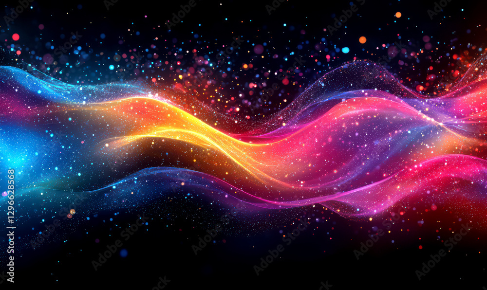 Fototapeta premium Colorful Abstract Waves with Sparkles in Deep Space Background