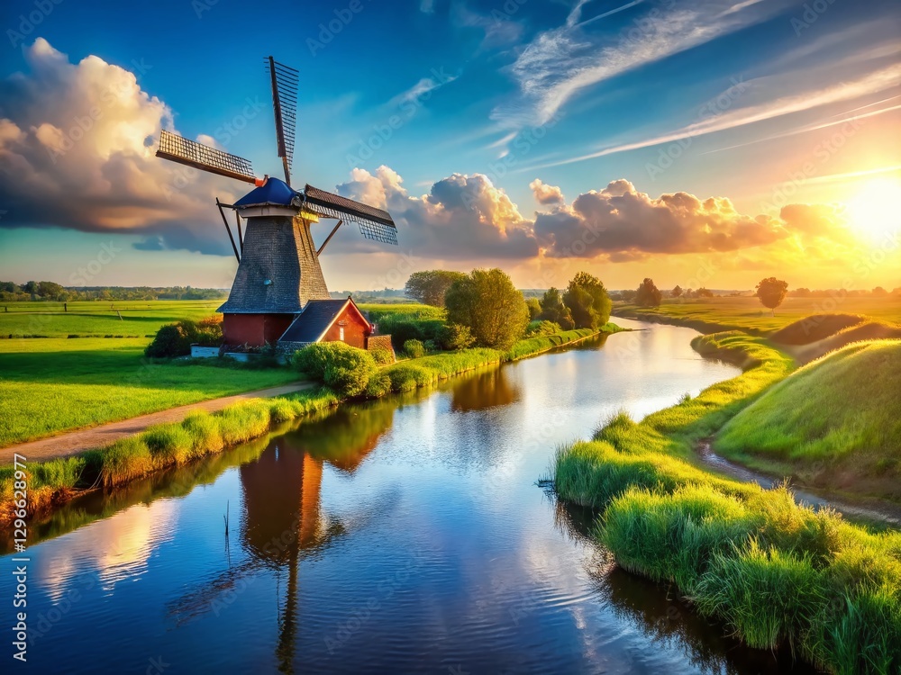 Fototapeta premium Majestic Windmill by the River: Scenic Rural Landscape with Copy Space