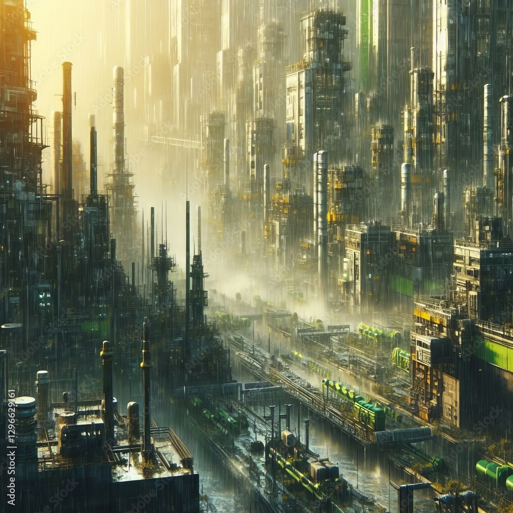 Fototapeta premium Radioactive Rain Zone in Future Industrial City 