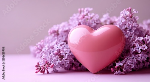 A pink heart and lilac flowers framed on a light purple background 