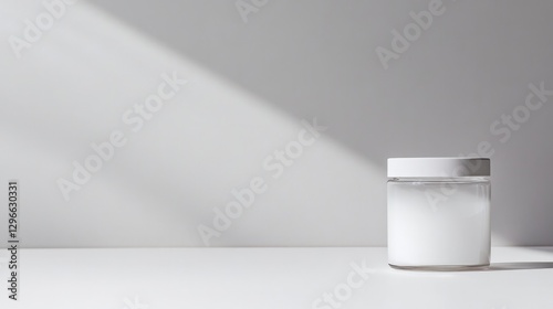 transparent glass jar with matte white lid displayed on pristine white surface with soft shadows and wide copy space