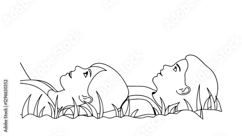 Couple Lying in Grass, Line Art, Peaceful, Serene, Nature, Relaxation, Love, Romance, Simple