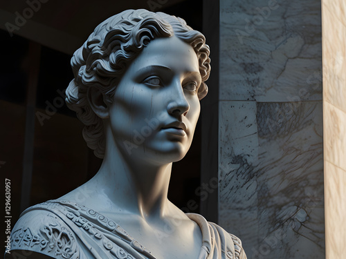 A majestic marble sculpture representing Hypatia. The figure has a thoughtful expression, with one hand resting on the chin. Detailed curly hair and a sculpted beard give a sense of wisdom.
