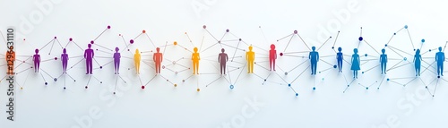 Colorful figures representing departments in business hierarchy, connected by lines, illustrating team workflows, management structure, organizational design, company departments
