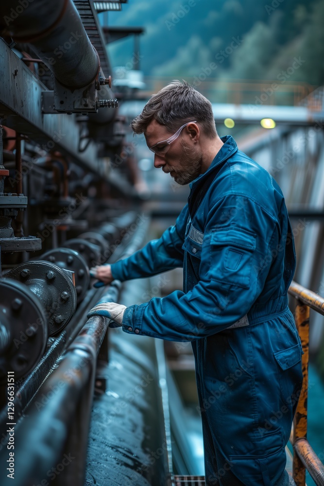 A worker in a blue jumpsuit inspecting machinery in an industrial setting. A worker in a blue jumpsuit inspecting machinery in an industrial setting.