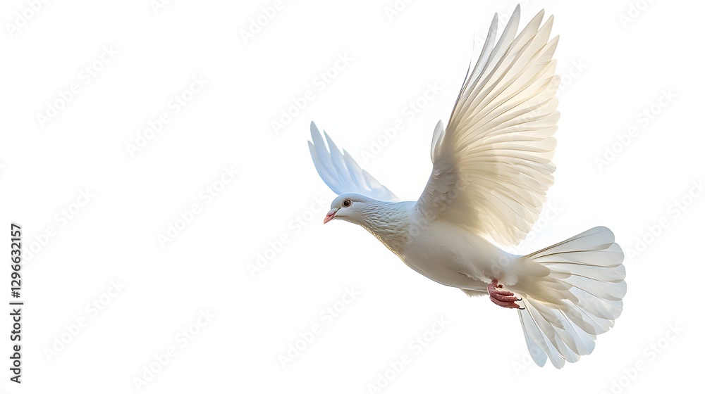White Dove Soaring Gracefully Against a Bright Background in Free Flight White Dove Soaring Gracefully Against a Bright Background in Free Flight