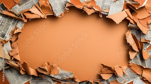 Vintage newspaper collage on both sides with worn out parchment space in the middle  Grunge textures crumpled newsprint surfaces and distressed material design create a retro and aged aesthetic