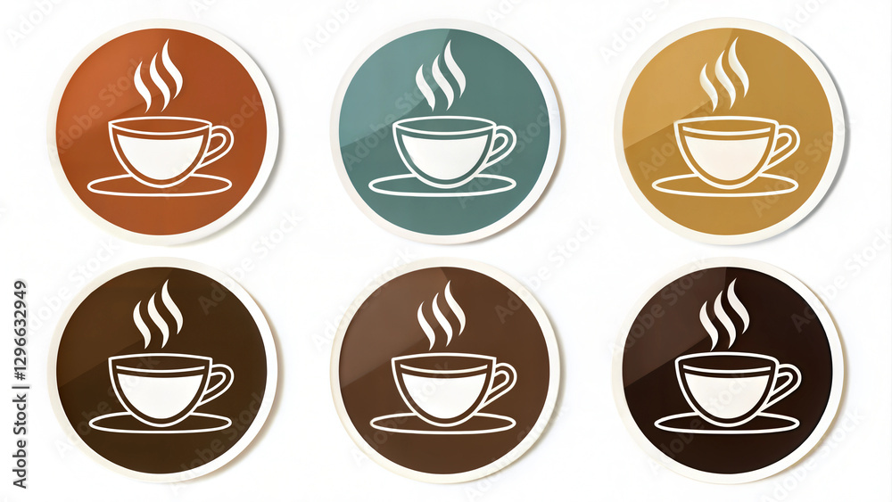 Coffee cup icon set, steaming coffee symbols in warm tones, cafe branding and sticker design Coffee cup icon set, steaming coffee symbols in warm tones, cafe branding and sticker design