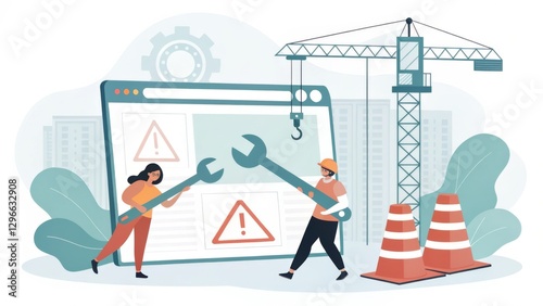 Two characters fix a website with tools amid construction symbols, representing web development and maintenance activities.