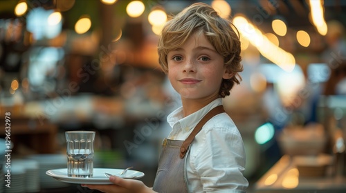 A young boy serves drinks with a smile, showcasing hospitality in a warm atmosphere.