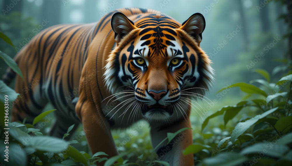 Fototapeta premium A Bengal Tiger Walking Through a Misty Jungle