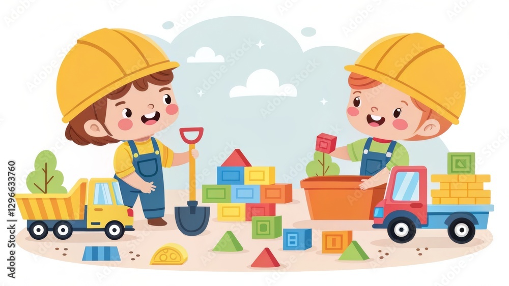 Two children in hard hats play with building blocks and a toy truck, engaging in imaginative construction and gardening activities in a colorful, cheerful setting. Two children in hard hats play with building blocks and a toy truck, engaging in imaginative construction and gardening activities in a colorful, cheerful setting.