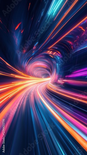 A vibrant futuristic tunnel with glowing neon light streaks creating a sense of speed and motion.
