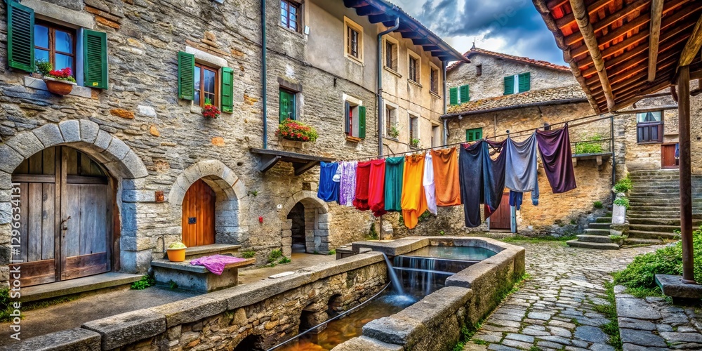 Fototapeta premium Medieval Public Laundry, Bergamo, Italy: Rustic Stone Washhouse in Citta Alta