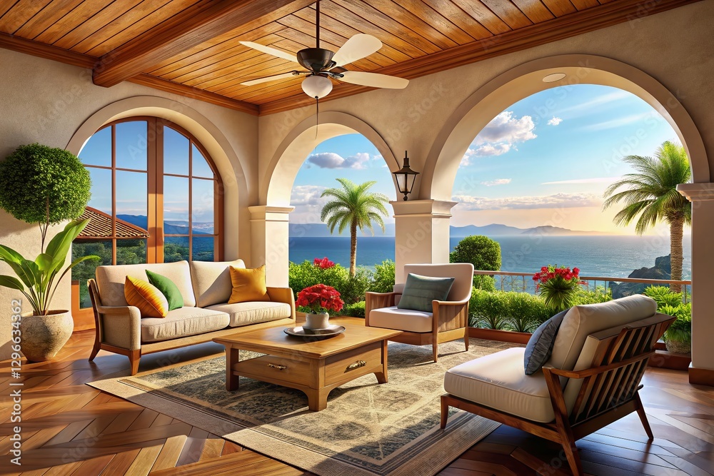 Fototapeta premium Mediterranean Interior Design: Relaxing Armchairs, Sea View Arch & Ceiling Fan - 3D Render