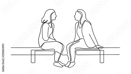 Two Women Conversing on a Bench, Simple Line Art Drawing