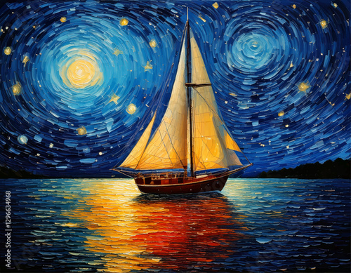 sailing ship in the sunset, sailing ship in the night painting wall art, sailing boat paint under blue sky