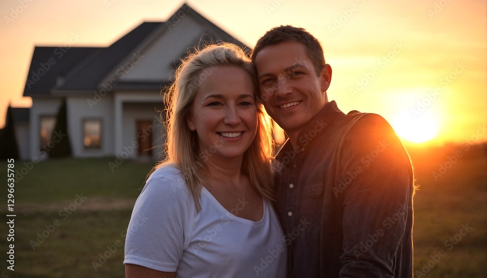 Obraz premium a young couple standing in front of a house during sunset.