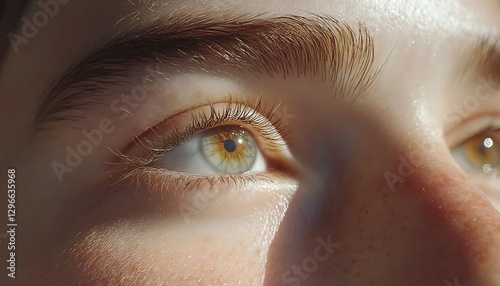 Sunlit eyes gazing upward, close-up