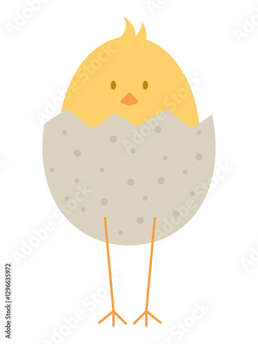 cute flat illustration of a little chicken standing in an eggshell for Easter. Graphic spring element for Easter. For decoration