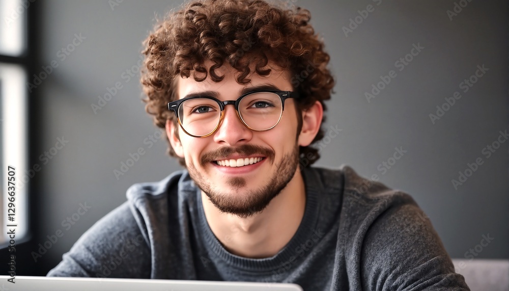 Fototapeta premium A young man with curly hair and glasses is smiling at the camera while sitting behind a laptop.