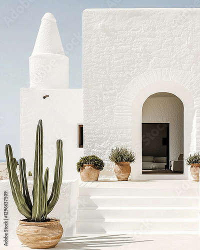 Aesthetic minimalist Mediterranean architecture with white steps and potted plants, sunny day, tranquil coastal vibes